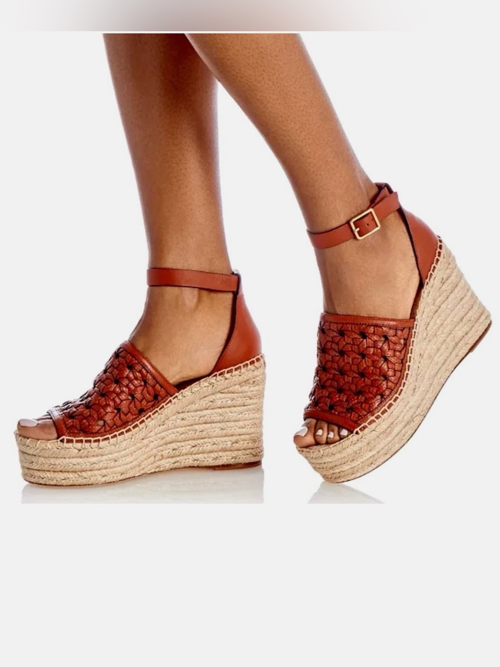 Tory Burch leather basket weave espadrille platform sandals, size 7